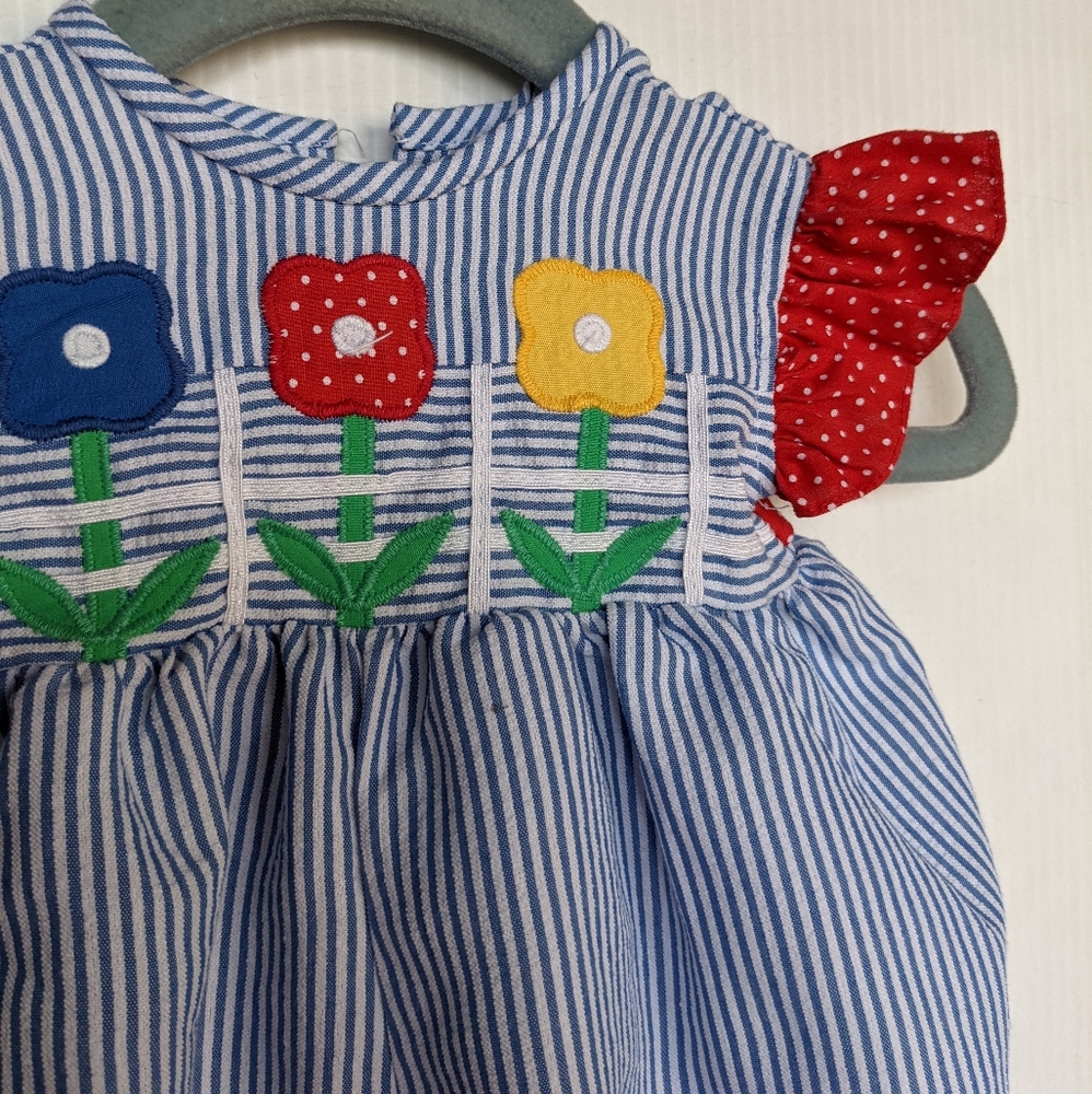 VINTAGE baby girl blue white seersucker flower applique romper - Picture 6 of 8